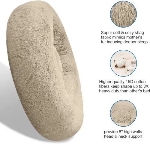 Miniatura 4 de SAVFOX Camas calmantes de felpa para perros, cama de perro de dona para perros pequeños, tamaño mediano, grande y extragrande, cómoda cama para Beige