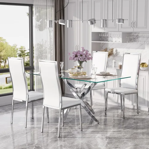 Miniatura 12 de Juego de mesa de comedor de cristal dorado moderno de 63 pulgadas para 6, juego de mesa de cocina rectangular de 7 piezas con patas de acero Negro