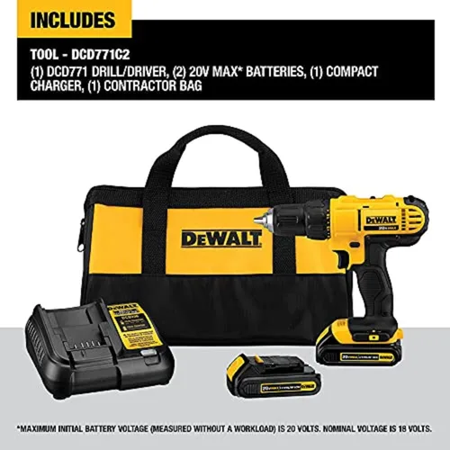 DEWALT - Kit de taladro inalámbrico máximo de 20 V, compacto, 1/2 pulgada con juego de brocas de titanio, punto piloto, 21 piezas (DCD771C2 y DW1361)