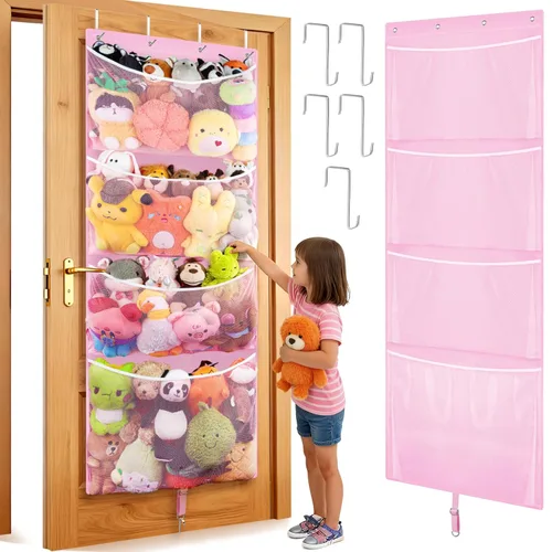 Miniatura 11 de Woodoulogy Almacenamiento de Animales de Peluche Colgantes, Organizador Grande de Juguetes de Felpa Sobre la Puerta con Gancho de Metal, Idea de Gris