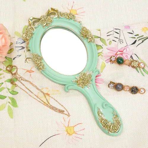 Miniatura 5 de Nerien Espejo de Mano de Tocador Espejo de Maquillaje de Viaje Princesa Espejo Cosmético de Metal Portátil Ovalado con Rosas en Relieve Espejos