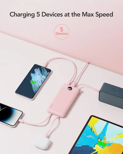 Miniatura 4 de VRURC Cargador portátil, batería de viaje compacta con 4 cables integrados de 10000 mAh, banco de carga USB C con pantalla LED, batería de viaje