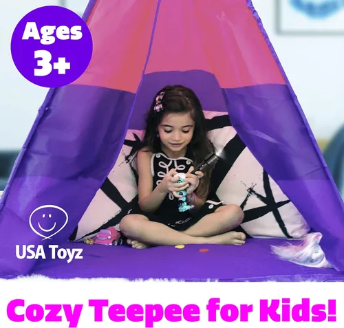 Miniatura 4 de USA Toyz Happy Hut Tienda de campaña tipi para niños, tipi desplegable para interiores, casa de juegos para niños, niñas, niños pequeños con bolsa