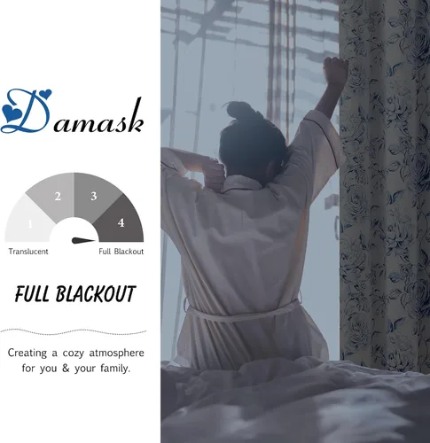 Miniatura 2 de Beauoop - Cortinas florales 100% blackout, de 84 pulgadas de largo, 2 paneles, para dormitorio, sala de estar, azul marino y blanco