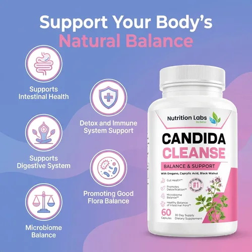 Miniatura 7 de Suplemento Candida Cleanse para equilibrio y apoyo, desintoxicación de candidasa, mujeres y hombres. Salud intestinal y flora, nivel de pH, salud