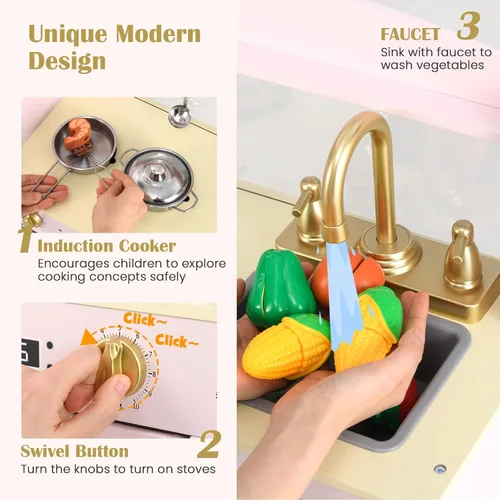Miniatura 2 de INFANS Juego de cocina para niños, juego de juguetes de cocina de madera para niños pequeños con tablero de dibujo acrílico, máquina de hielo, Rosa