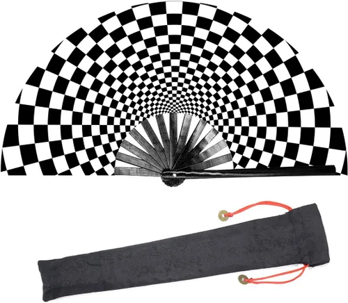Miniatura 7 de Ventilador de mano plegable grande para mujeres/hombres, chino/japonés con bambú y tela de nailon, ventilador de mano, para actuaciones, Trippy