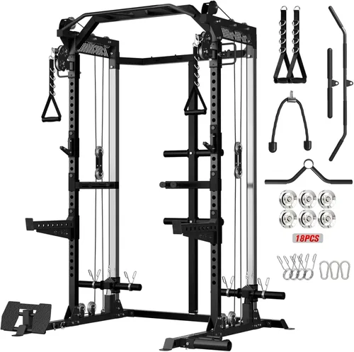 Miniatura 10 de Mikolo - Jaula de fuerza, estante de potencia de 2000LB con sistema de polea doble independiente, máquina de entrenamiento multifunción