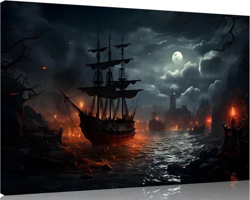 Miniatura 14 de TutuBeer 3 Piezas Arte de Pared Batalla Naval Barco Imagen Barco Pirata Velero Póster Barco Pirata Azul en Llamas Imagen Impresa en Lienzo Póster