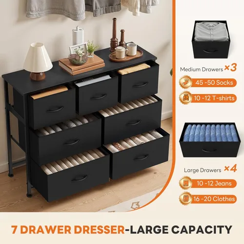 Miniatura 5 de Sweetcrispy Cómoda de 7 cajones con contenedores de tela, organizador de torre para dormitorio, armario, pasillo, entrada, cómoda alta con marco