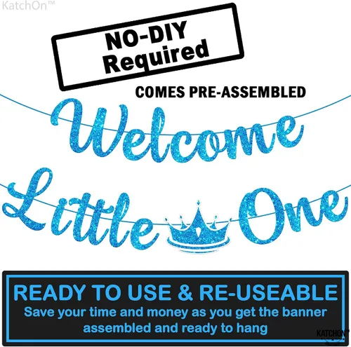 Miniatura 2 de KatchOn Cartel de bienvenida con purpurina Little One - Azul, 10 pies, sin bricolaje Cartel de bienvenida para decoración de baby shower para bebé