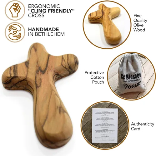 Miniatura 3 de Cruz de 10.16 cm de madera de olivo para sujetar en la mano de Belén en bolsa (certificada) - Fina cruz de madera para orar y confort, cruz de palma