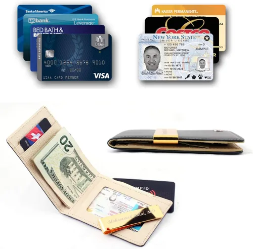 Miniatura 6 de SOTANIA - Clips personalizados de cuero genuino de 24 quilates para hombre carteras delgadas con bolsillo frontal para tarjetas regalo minimalista