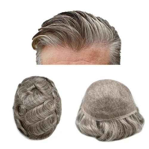 Miniatura 37 de Tupé de encaje suizo para hombres, piezas de cabello humano real, encaje frontal, sistema de reemplazo de cabello tipo tupé, nudo blanqueado, línea