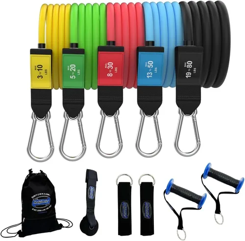 Miniatura 12 de Bodylastics Juego de bandas de resistencia – Bandas de resistencia con asas, correas de tobillo, anclaje de puerta, bolsa de transporte – Bandas PRO