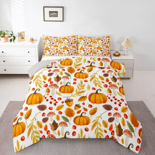 Miniatura 38 de Erosebridal Juego de edredón individual de pavo de Acción de Gracias, juego de ropa de cama de calabaza con hojas de otoño para niños y adultos