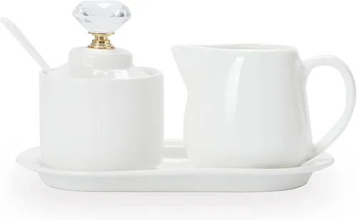 Juego de azucarero y cremera de porcelana ONTUBE con bandeja y tapa de cristal de 4 piezas (Oro)