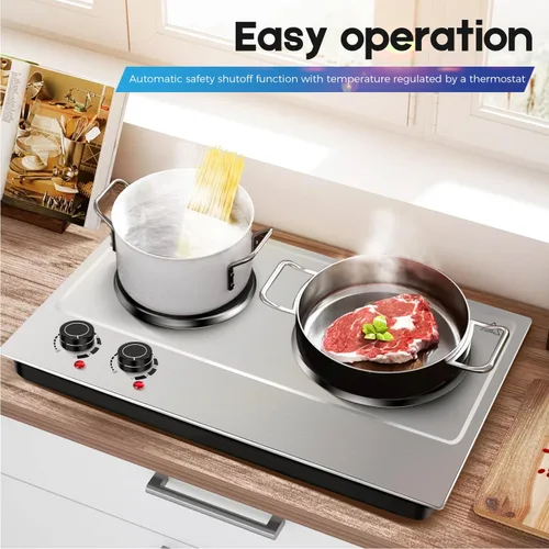 Miniatura 6 de Placa de cocción, Cusimax - Quemador doble de 1800 W, placa de calentamiento de hierro fundido, estufa eléctrica con control de temperatura Plateado