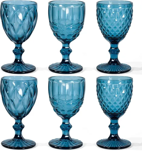 CHLJAR Juego de 6 copas de vino vintage, copas de agua de vidrio de colores de 8 onzas, juego de tazas de cristal decorativas florales en relieve,