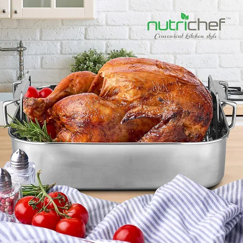 Miniatura 7 de NutriChef Asador de cocina de acero inoxidable de 14 pulgadas con rejilla de alambre pulido, versátil juego de hornear para pavo, pollo, carnes