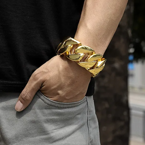 Miniatura 3 de ROWIN&CO Jewelry - Enorme pulsera gruesa de 1.260 in para hombre, resistente, chapado en oro amarillo de 18 quilates, cadena cubana de acero