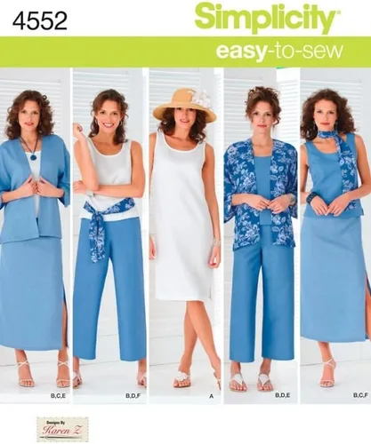 Simplicity Vestido con patrón de costura fácil 4552 para mujer, parte superior, chaqueta kimono, pantalones, falda, bufanda y fajín