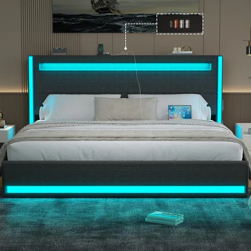 CSZZD Base de cama tamaño King con cabecero ajustable, plataforma de cama tamaño King con iluminación, base de cama tapizada de metal tamaño King