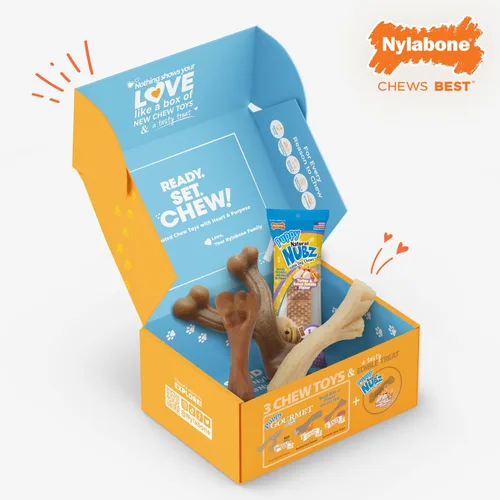 Miniatura 7 de Nylabone Caja de Regalo para Cachorros, Incluye 3 Fuertes Juguetes para Masticación de Cachorros y 1 Hueso de Golosina Natural para Cachorros