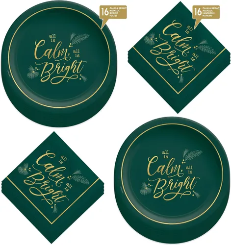Miniatura 2 de HOME & HOOPLA Platos y servilletas de papel grandes para fiesta de Navidad, diseño calmado y brillante en verde y dorado moderno (para 16 personas)