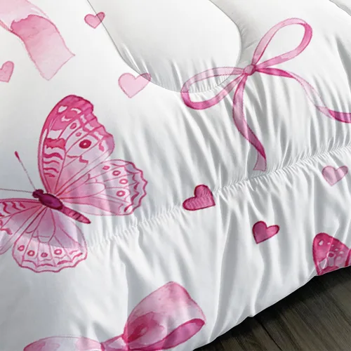 Miniatura 6 de QOOMO Juego de edredón de 3 piezas con diseño de mariposa de dibujos animados, tamaño individual, bonito juego de ropa de cama con lazo
