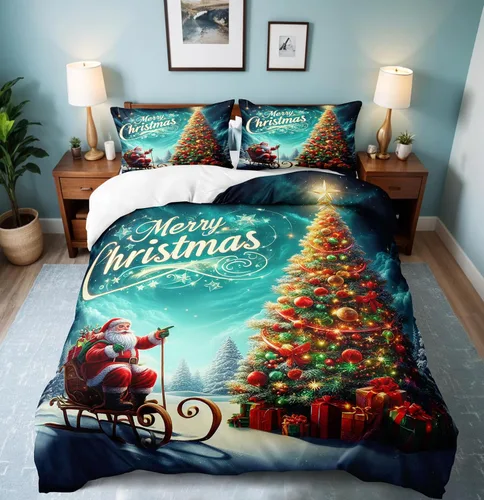 Miniatura 21 de Herside Juego de funda de edredón de Navidad, tamaño Queen, colorido patrón navideño impreso, bonita decoración navideña, microfibra suave, funda