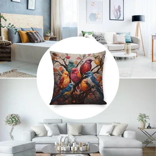 Miniatura 5 de Fundas de almohada coloridas con diseño de grupo de pájaros en un árbol, fundas de almohada frescas con pintura al óleo de pájaros en rama de árbol
