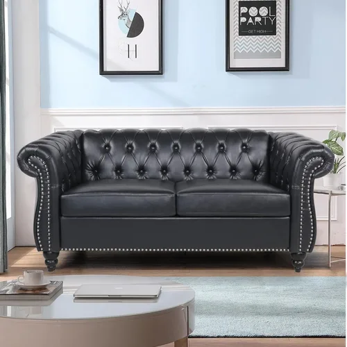 Miniatura 16 de LEVNARY Sillón tapizado de cuero, moderno sofá individual de mediados de siglo con brazos enrollados y cabeza de clavo, silla Chesterfield de piel