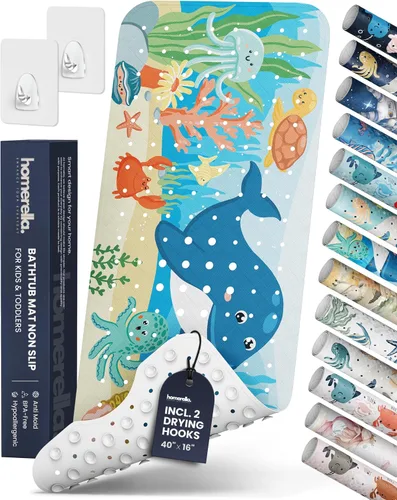 Miniatura 24 de Homerella - Alfombrilla de baño antideslizante y antideslizante para niños, 40 x 16 pulgadas, sin BPA, incluye 2 ganchos, tapete de ducha lavable