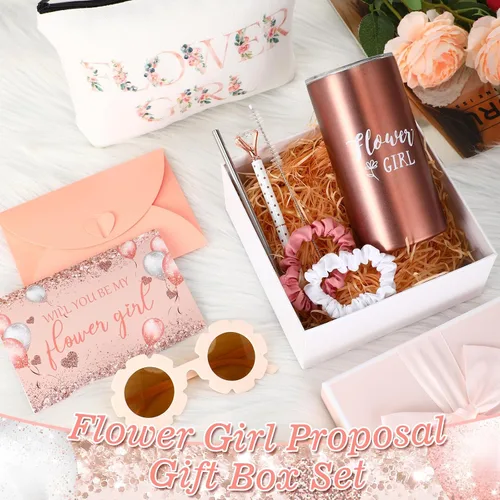 Miniatura 3 de Sieral Juego de 9 regalos de propuesta para niña de las flores, vaso personalizado con pajita, caja de regalo para novia, bolsa de lona, lentes