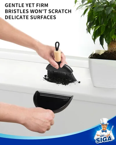 Miniatura 3 de MR.SIGA Juego de mini recogedor y cepillo, cepillo de limpieza portátil y recogedor combinado con mango de bambú, negro, 1 juego