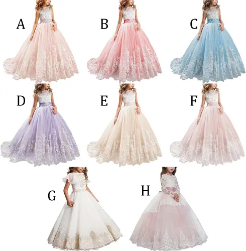 Miniatura 3 de Vestido largo de encaje de princesa, para comunión, vestido de tul, vestido largo con diseño de flor de encaje, para eventos formales para niñas