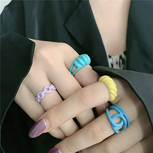 Miniatura 3 de Sloong 10pcs Y2K Grueso Anillo de Cadena de Moda Abierta Anillo de Dedo Colorido Niños Anillo Apilado para Mujeres Niñas Niños