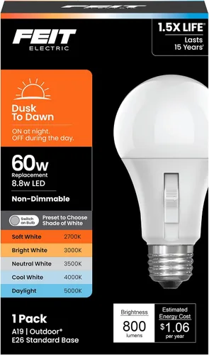 Miniatura 11 de Bombilla LED con sensor de movimiento Feit Electric, A19 equivalente a 60 W, 5CCT, no regulable, base media E26, CRI 90, 800 lúmenes, blanco