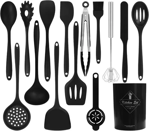 Juego de utensilios de cocina de silicona, 15 piezas, resistentes al calor, utensilios de cocina antiadherentes con soporte, tornero, pinzas,