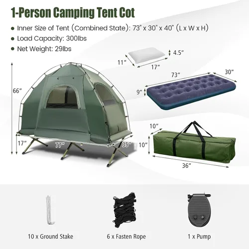 Miniatura 7 de Tangkula Combo de Catre de Tienda 5 en 1 con Toldo, Colchón de Aire, Saco de Dormir, Almohada, Tienda Individual Elevada con Bolsa de Transporte