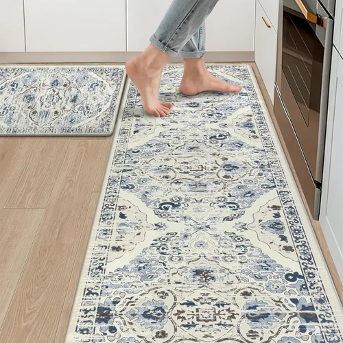 Miniatura 14 de Ileading Juego de 2 tapetes de cocina antifatiga, acolchados para piso, impermeables, antideslizantes, cómodos para cocina, oficina, fregadero, Gris