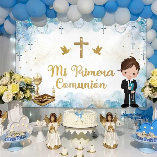 Miniatura 2 de MEHOFOND Fondo de fotografía Mi Primera de 7 x 5 pies, color azul pastel, Mi Bautizo, para niño, cáliz, bautismo, dios bendiga bautizo, decoración