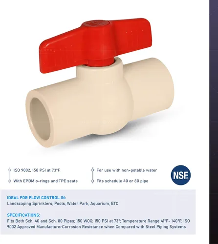 Miniatura 5 de Midline Valve Válvula de bola de CPVC resistente 472T100 para agua potable; Mango en T rojo; Conexiones de disolvente de 1 pulgada; Plástico