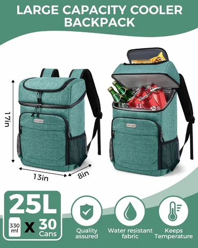 Miniatura 2 de BAGLHER Mochila Nevera Térmica Ligera Aislada - 30 Latas, A Prueba de Fugas para Almuerzo, Picnic, Senderismo, Viajes de Campamento Verde-Titán