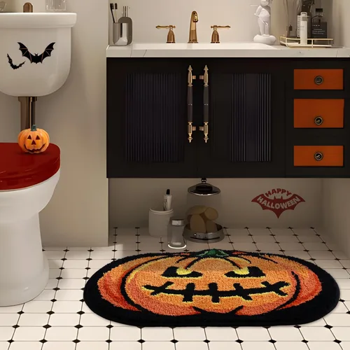 Miniatura 4 de Alfombra de baño de calabaza de Halloween de 20 x 32 pulgadas, suave y absorbente, alfombra de baño de otoño, antideslizante, lavable, decoración