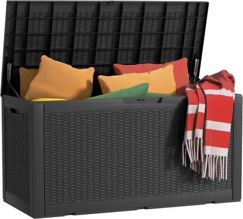 Miniatura 14 de EasyUp Caja de almacenamiento al aire libre de 30 galones, caja de resina para muebles, herramientas de jardín, cajas de almacenamiento exteriores