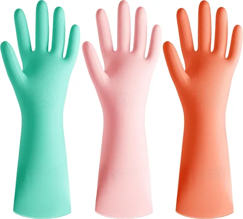 Guantes de cocina de limpieza de goma, 3 pares de guantes coloridos para platos, guantes de goma reutilizables para lavar platos