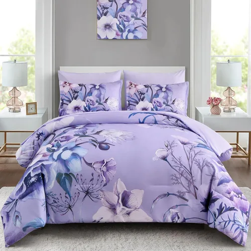 Miniatura 26 de Luxudecor Juego de edredón floral tamaño King de 7 piezas, cama de flores azul marino en una bolsa, elegante edredón floral con juego de sábanas