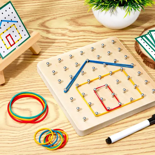 Miniatura 6 de HEELWIRE Geoboard de madera, juguete Montessori, juguete gráfico de educación matemática para niños con tarjetas de patrón y bandas de goma